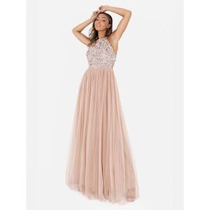 Maya Deluxe Fairy Tulle Ballet Sequin Halter Neck Maxi Dress Taupe Blush 8